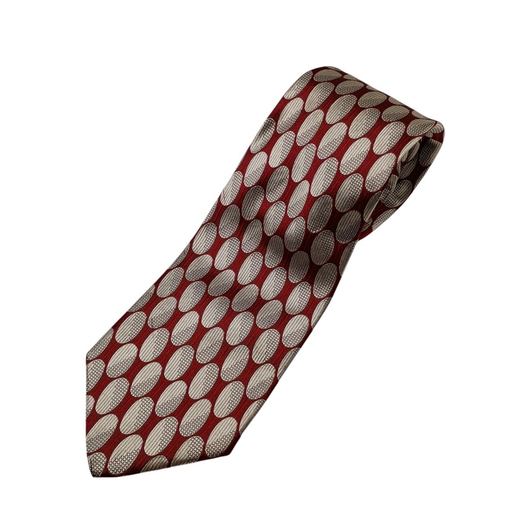 Lands' End mens silk necktie Red White‎ Ovals Geometric Print Classic Preppy